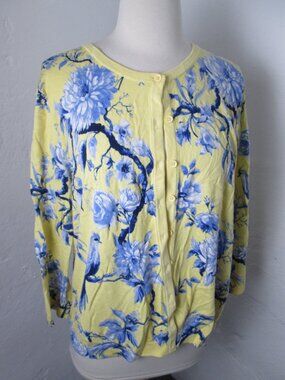 Talbots Bird Floral Cardigan Sweater Women's XL Blue/Yellow Cotton